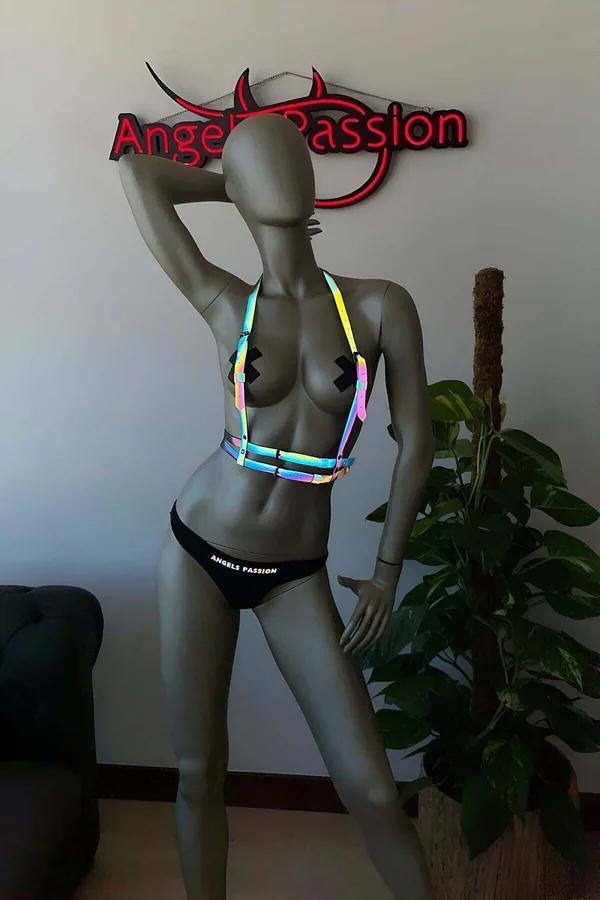 Holografik reflektörlü harness yelek aksesuar karanlıkta gökkuşağı parıltılı PU bant ve bel şeritli yelek tasarımı