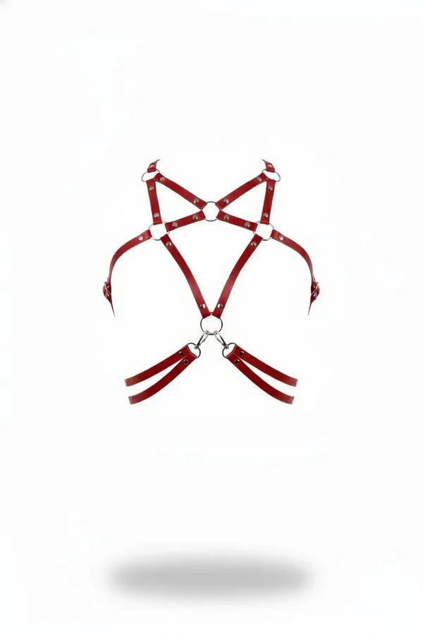 red faux leather o-ring chest harness with angular crossing straps and double underbust bands silver hardware