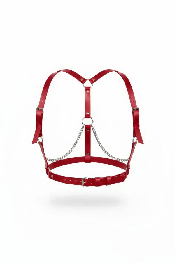 Red Faux Leather Body Harness with Draped O-Ring Chains