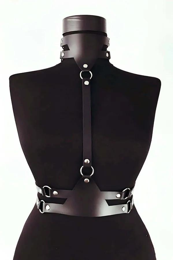 Black Faux Leather Body Harness with O-Ring Accents