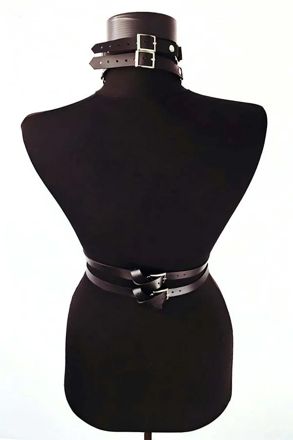 Black Faux Leather Body Harness with O-Ring Accents