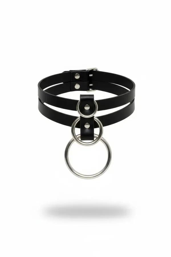 black faux leather double band choker with large silver O-ring pendant, smooth glossy finish, adjustable buckle