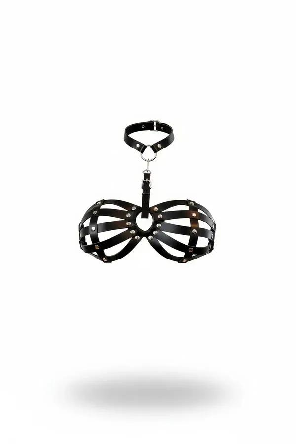black vegan leather studded cage bra harness with silver O-ring neck collar, multi-strap curved cage cups on white background