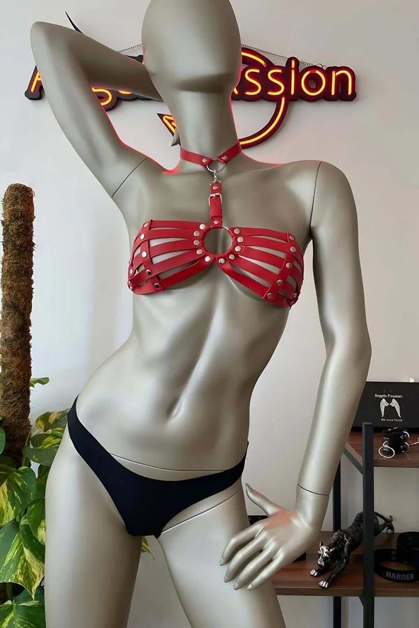 Red Strappy Chest Harness Bra with O-Ring & Studs