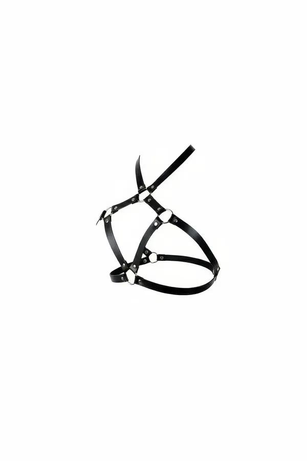 black faux leather chest harness with intersecting straps and four silver O-rings X-frame silhouette