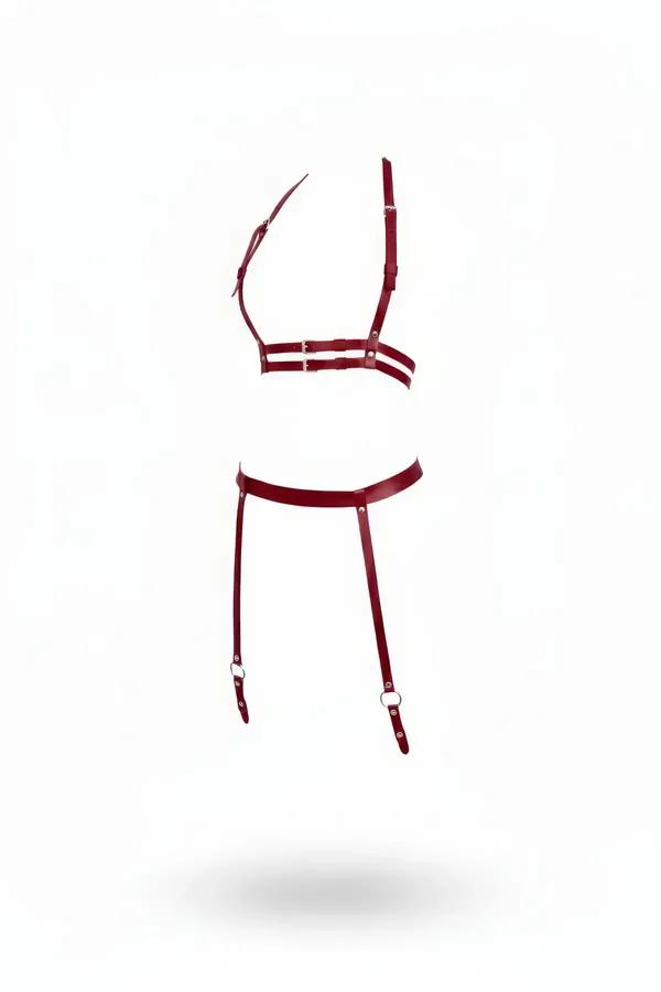 claret red faux leather harness set with garter straps and silver O-ring buckles on white background