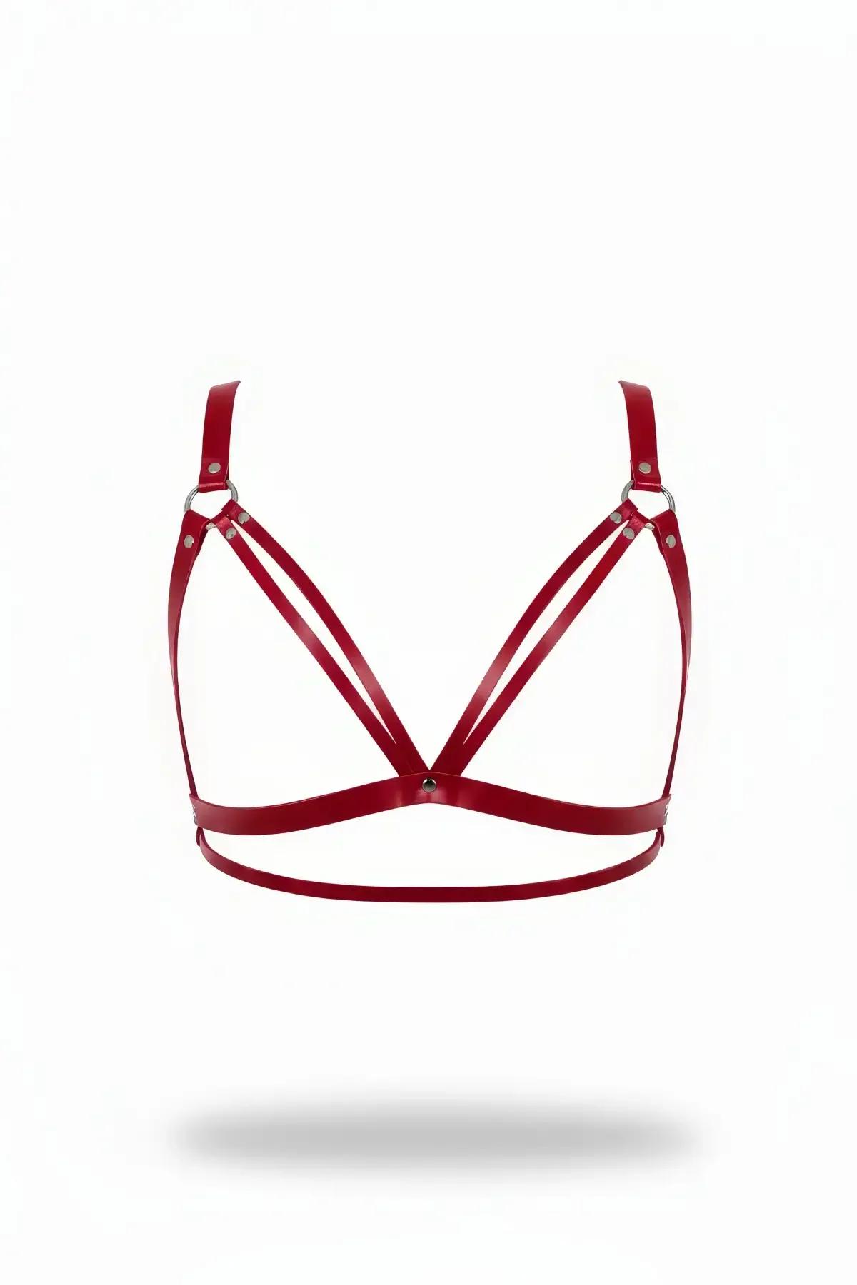 Red Faux Leather Strappy Chest Harness Bra