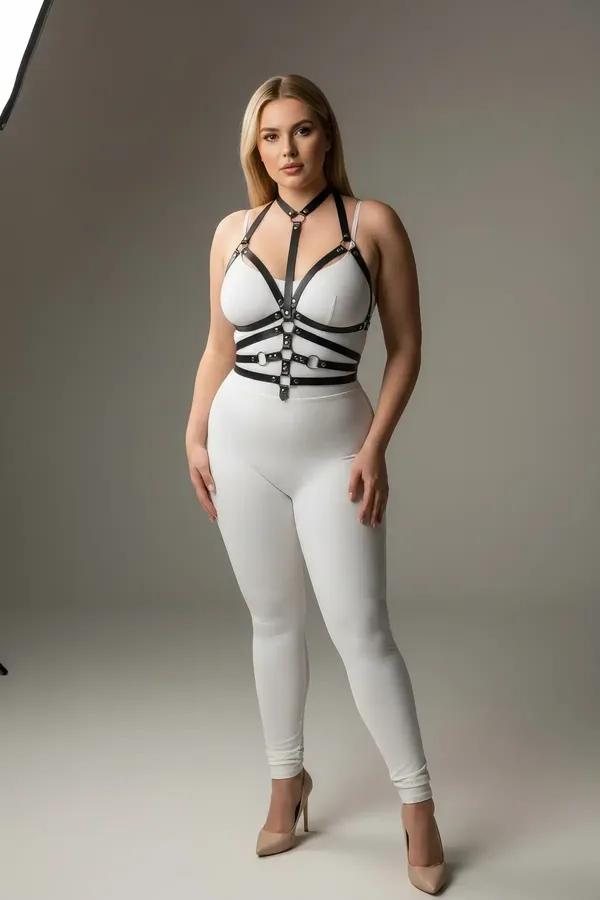 Black Faux Leather Body Harness with O-Ring Detail