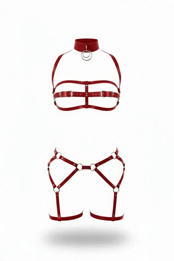 Red faux leather high collar chest harness and garter set with silver O-rings and roller buckles, flat lay on white backgroun