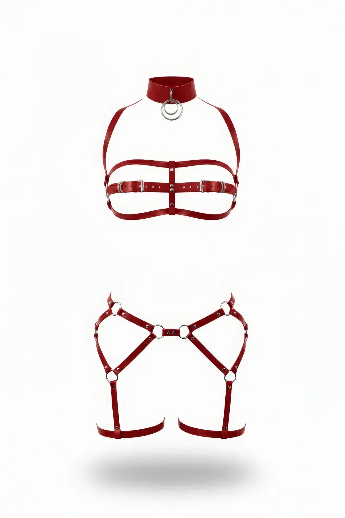 Red faux leather high collar chest harness and garter set with silver O-rings and roller buckles, flat lay on white backgroun