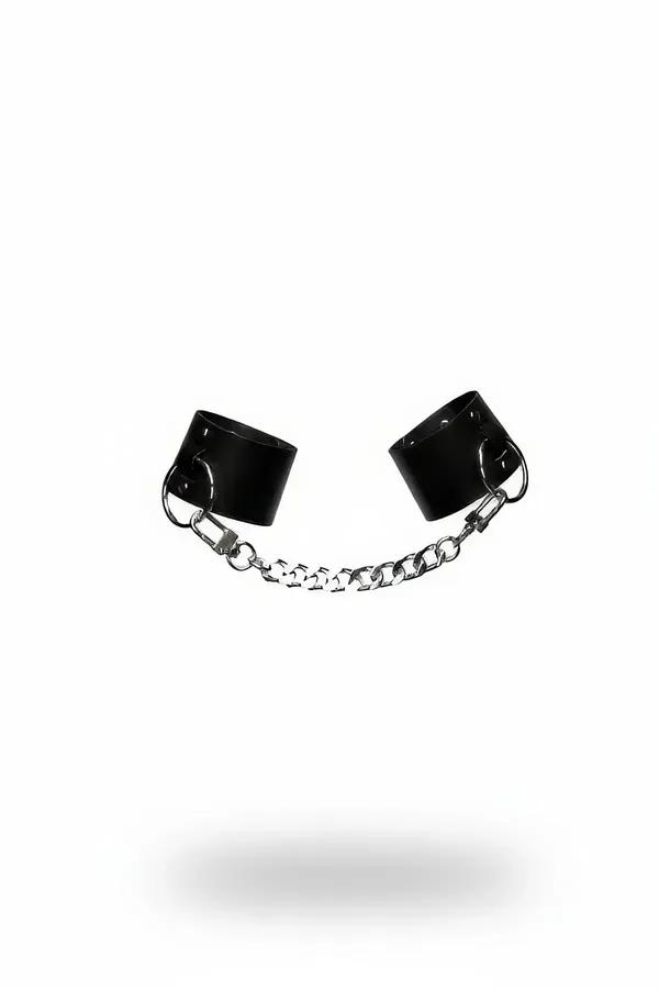 black faux leather wrist cuffs with silver curb chain boudoir accessory