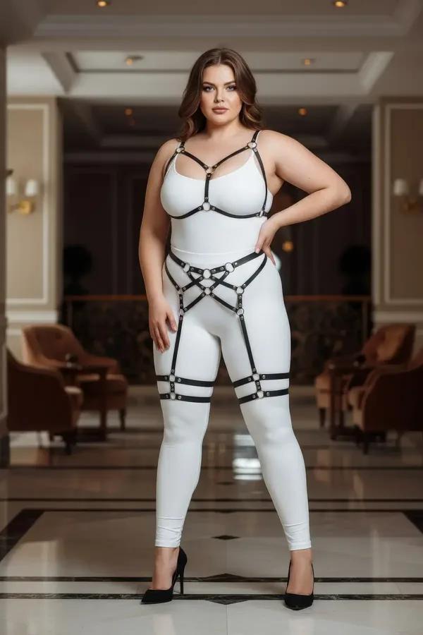Black faux leather full body harness with chest V-frame, waist cage, and dual thigh garter bands on plus-size model