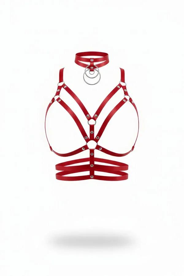 red faux leather caged chest harness with double O-ring choker and silver stud hardware front view