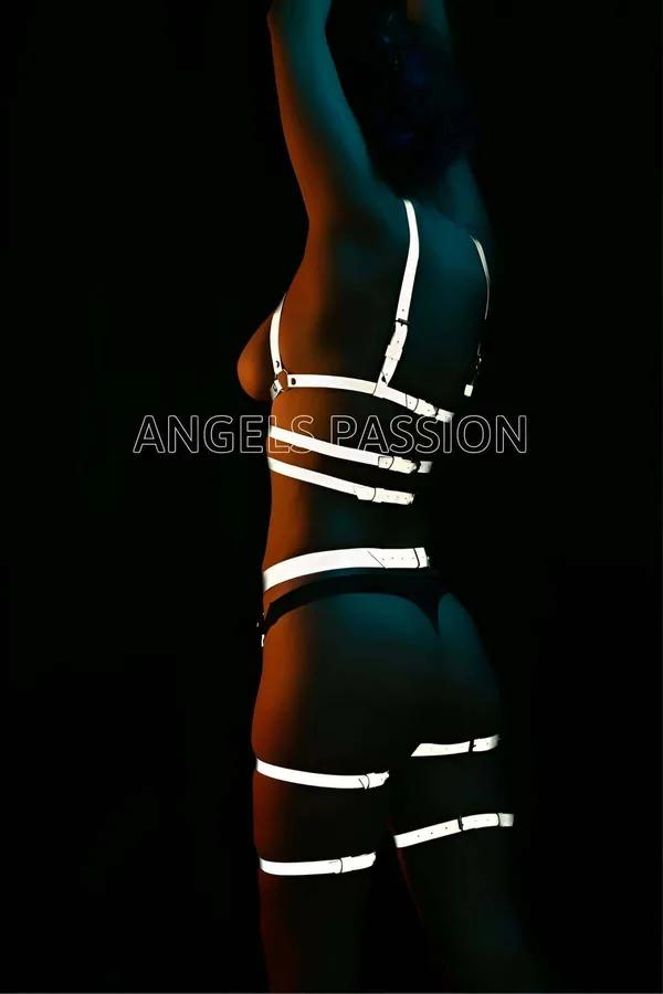 reflektörlü harness jartiyer takım karanlıkta beyaz yansımalı siyah bantlı set metal tokalı