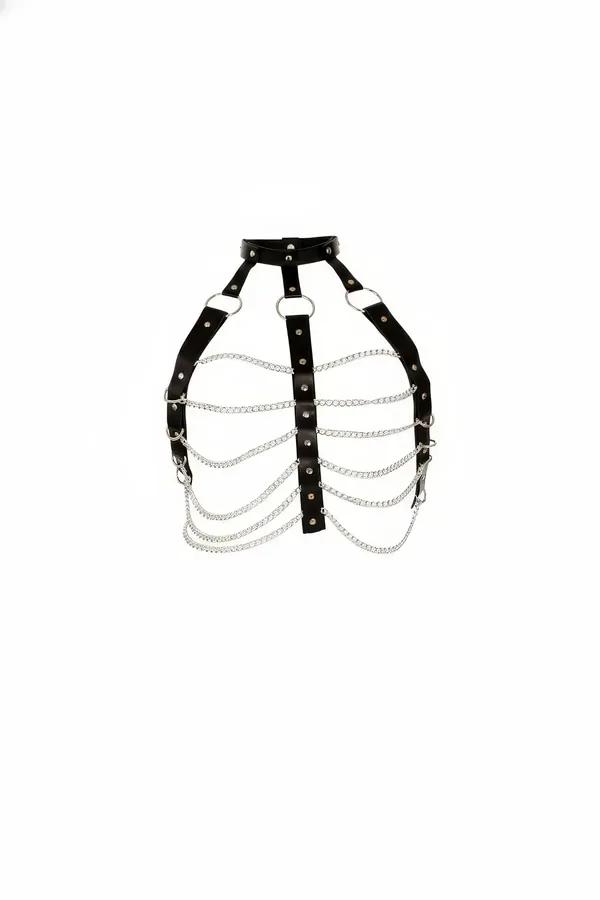 Faux Leather Body Harness with Draped Chains & O-Ring Choker
