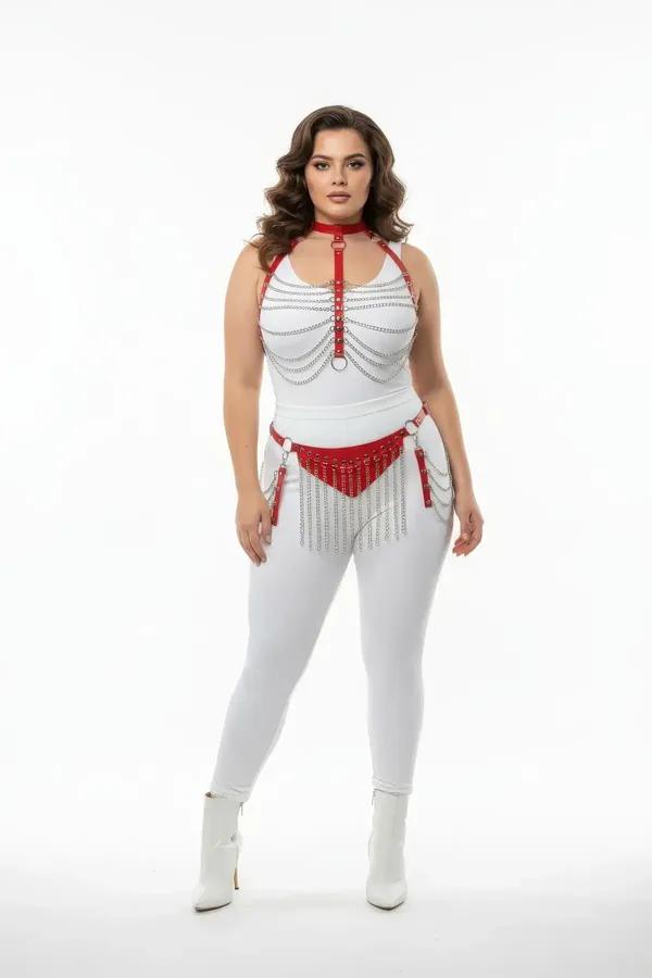 Red Faux Leather Harness Set with Chain Fringe