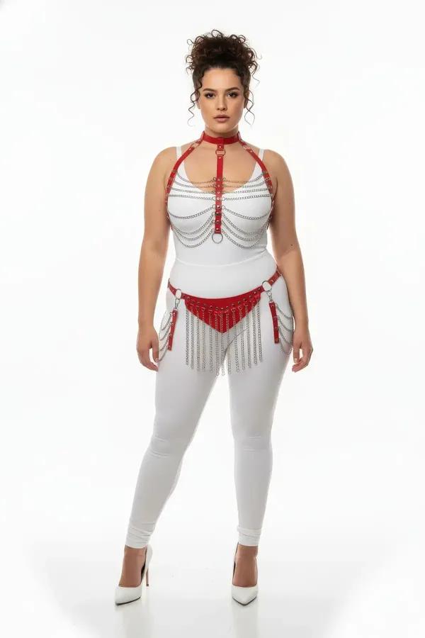 Red Faux Leather Harness Set with Chain Fringe