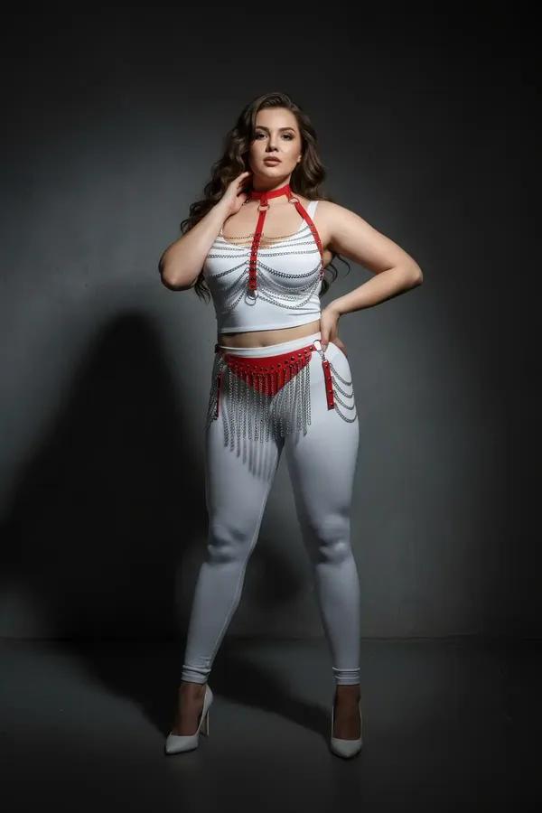Red Faux Leather Harness Set with Chain Fringe