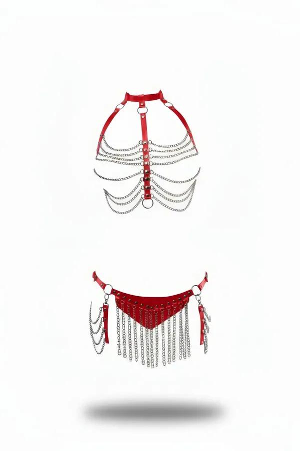 Red Faux Leather Body Harness with Chain Skirt Set