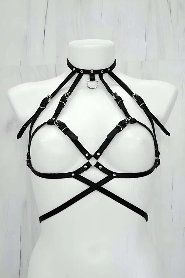 Black Faux Leather Chest Harness with O-Ring Choker