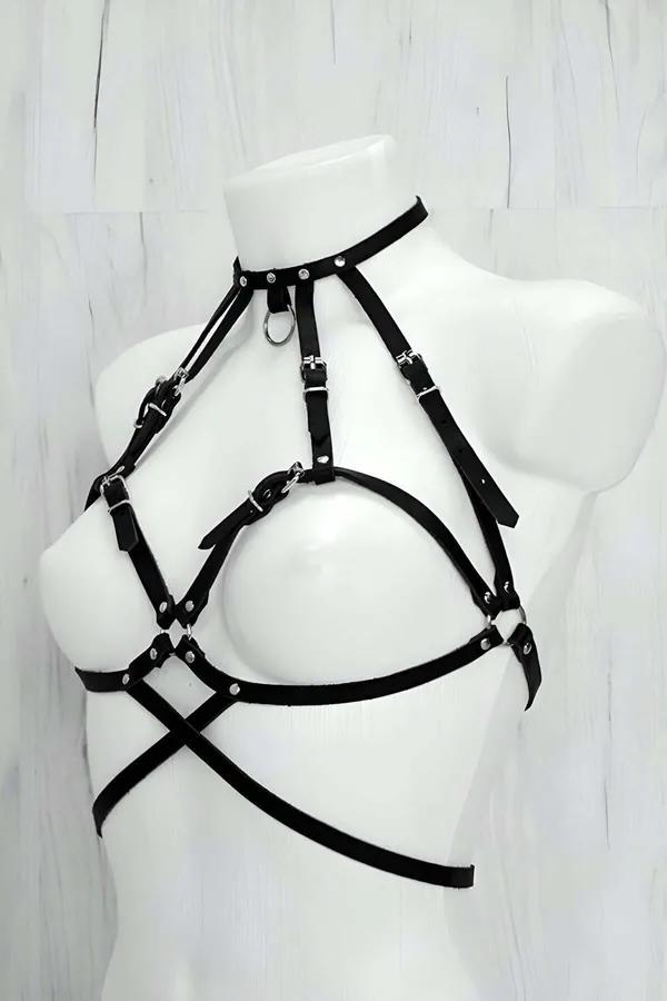 Black Faux Leather Chest Harness with O-Ring Choker