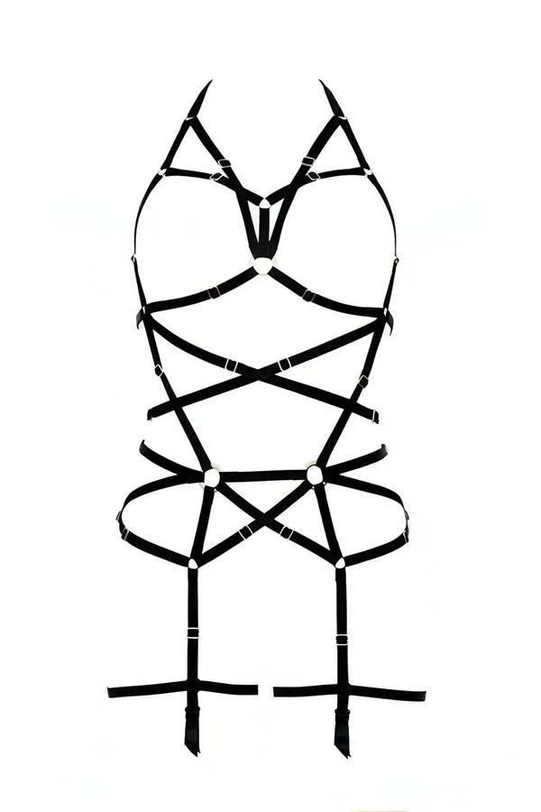 black elastic full body harness with silver O-rings and detachable garter straps, caged chest and criss-cross torso design