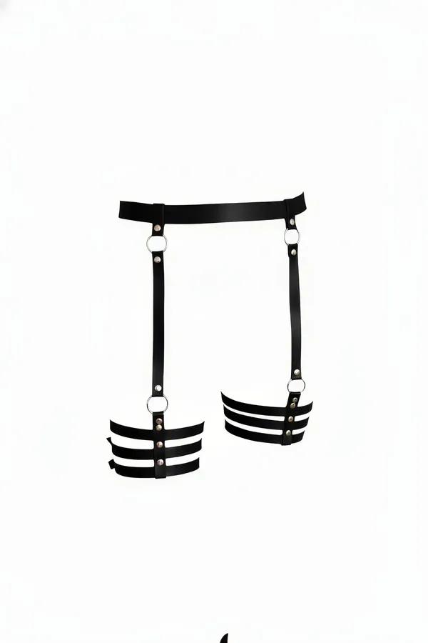black faux leather triple-strap thigh garter harness with silver O-ring junctions and triple horizontal thigh bands