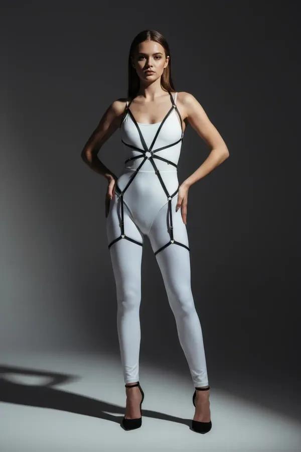 black faux leather cage body harness with silver O-ring and strappy leg garters full body view