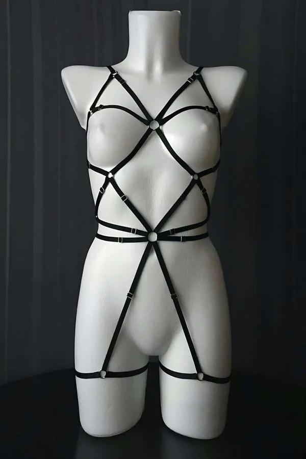 Polka Dot Mesh Bodysuit with Strappy Adjustable Harness