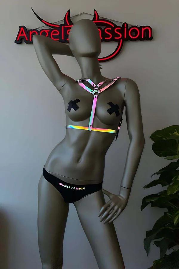 reflektörlü göğüs harnessi gökkuşağı bantlı holografik mor pembe yeşil parlama ayarlanabilir metal toka