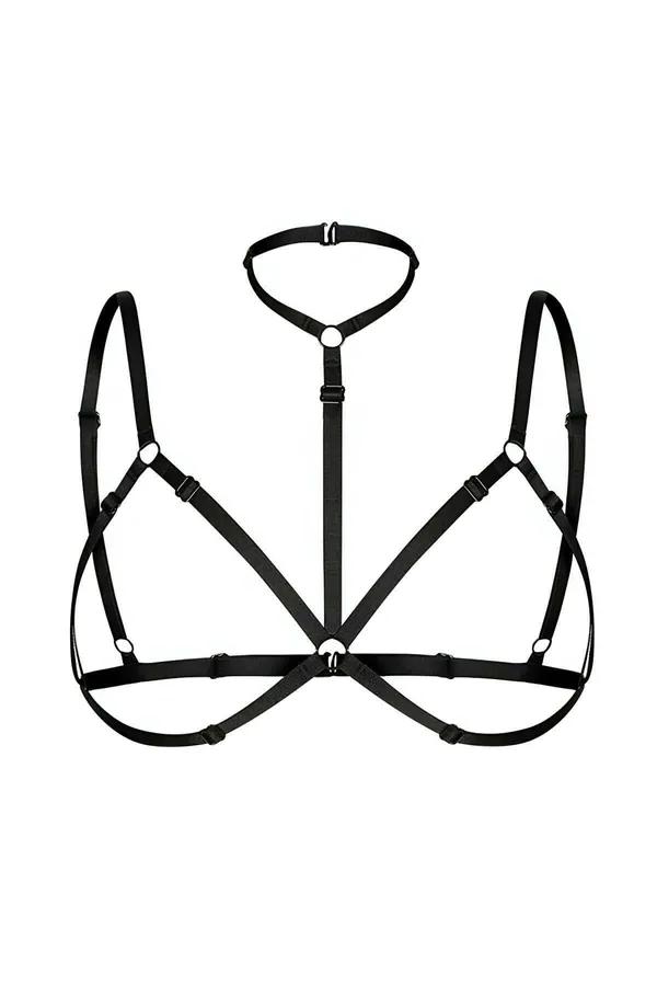Siyah elastik göğüs harness geometrik V-şekilli kayış ve choker boyun bandı, saten kıyafet üstünde