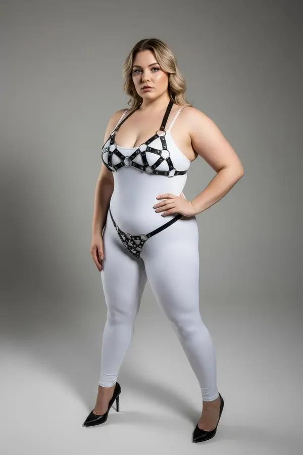 black faux leather cage harness bra and garter belt set with silver O-rings worn over white bodysuit