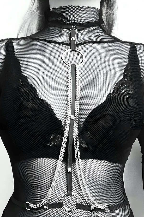 Choker Chest Harness with Layered Chains & Studs