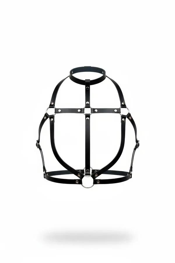 Black faux leather caged body harness with integrated choker collar and silver O-ring at sternum, front view