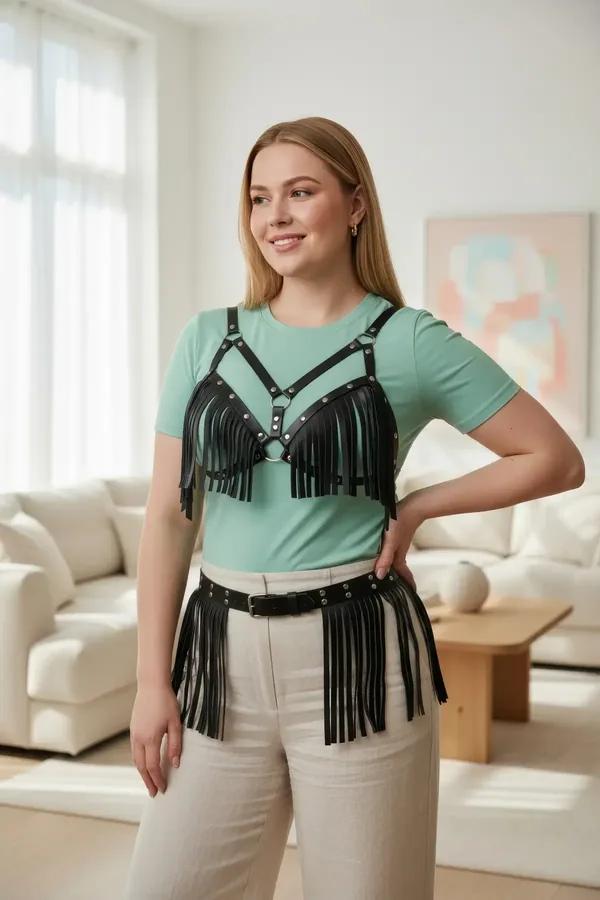 Fringe Faux Leather Chest Harness & Waist Belt Set