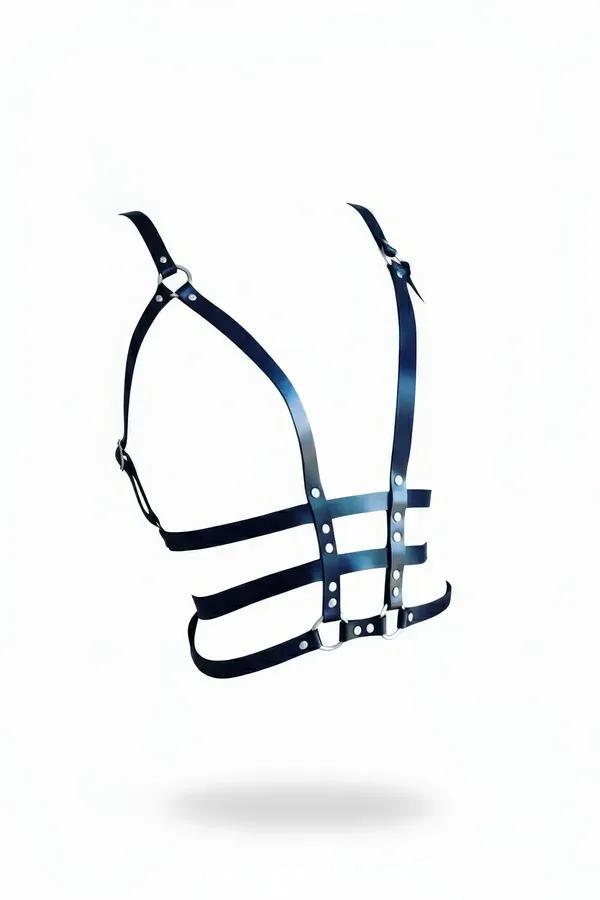 black faux leather caged chest harness with silver O-rings and adjustable shoulder straps, front view