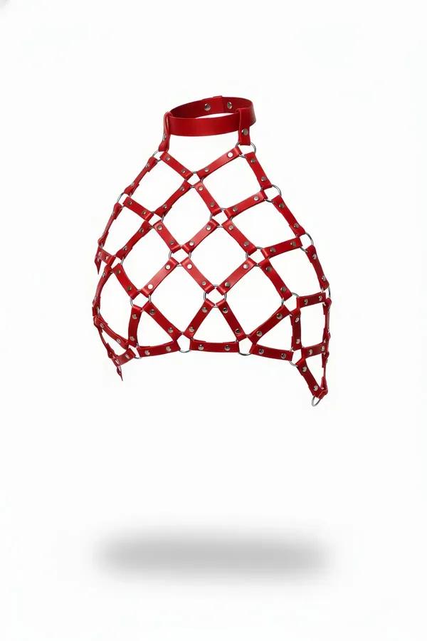 red faux leather cage harness top with silver stud details and high neck collar band on white background