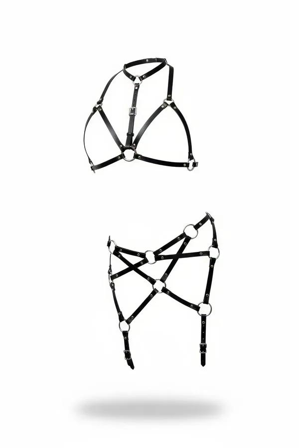 Two-Piece Faux Leather Body Harness Set with O-Rings