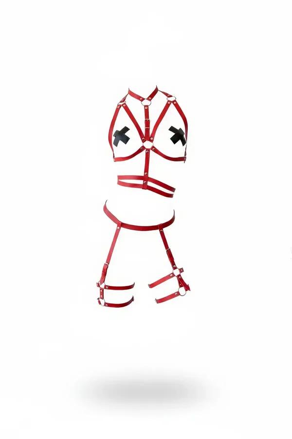red faux leather body harness set with X-strap chest harness, double waist belt, and thigh garters with silver O-ring hardwar