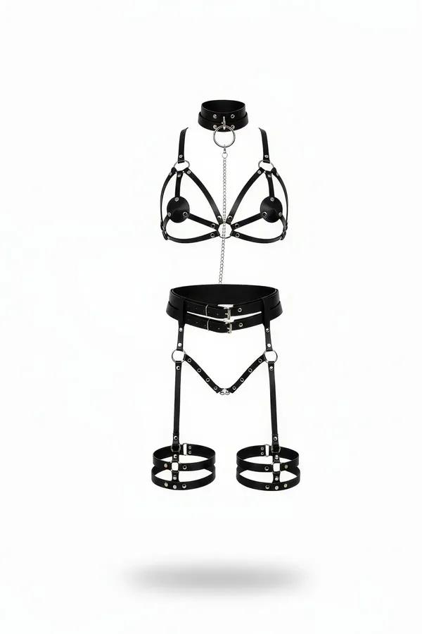 black faux leather full body harness set with silver chain collar chest straps and thigh garter cuffs