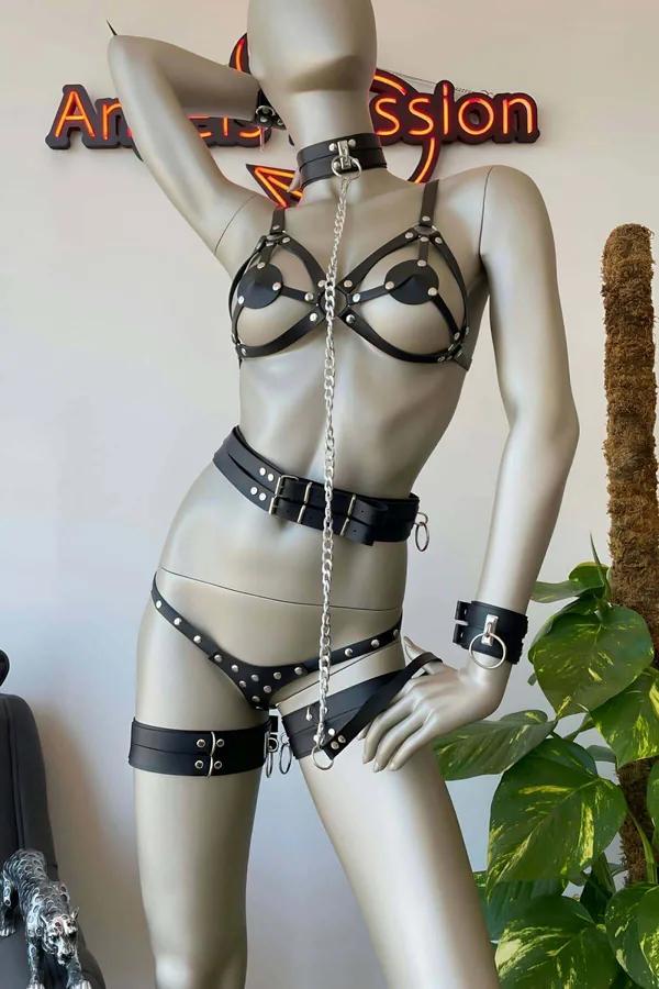 siyah suni deri harness takım tasma göğüs harness bel kemeri uyluk kayışı gümüş zincir detaylı