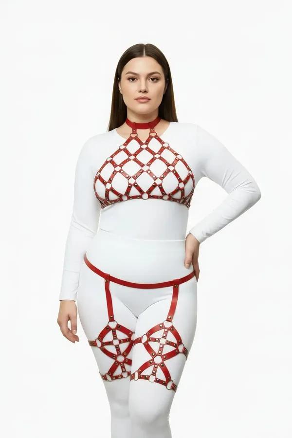 red faux leather caged halter harness and garter set with gold O-ring hardware on plus size model