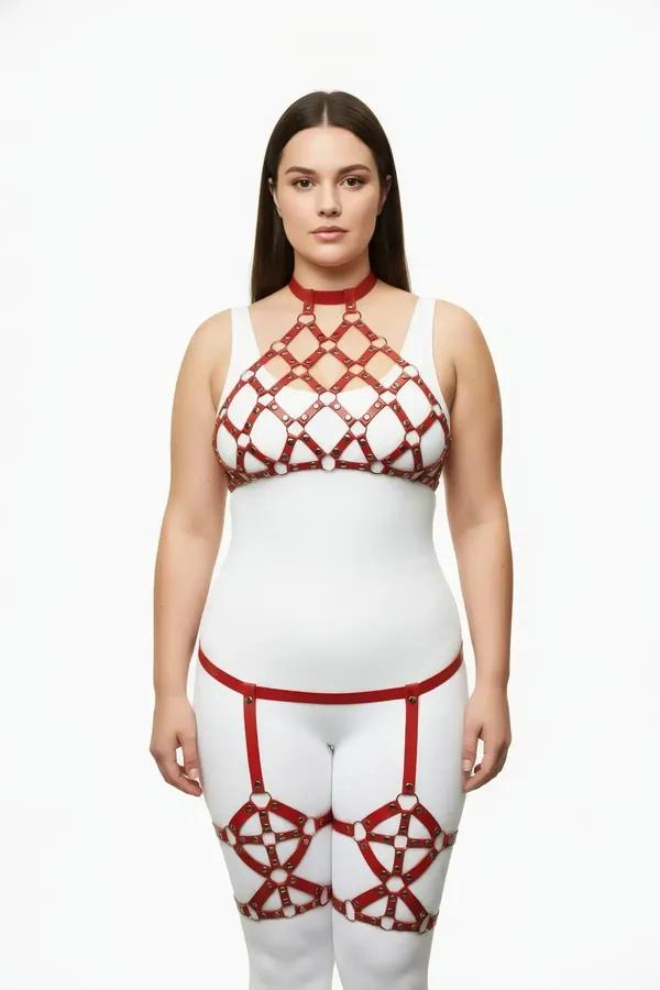 red faux leather caged halter harness and garter set with gold O-ring hardware on plus size model