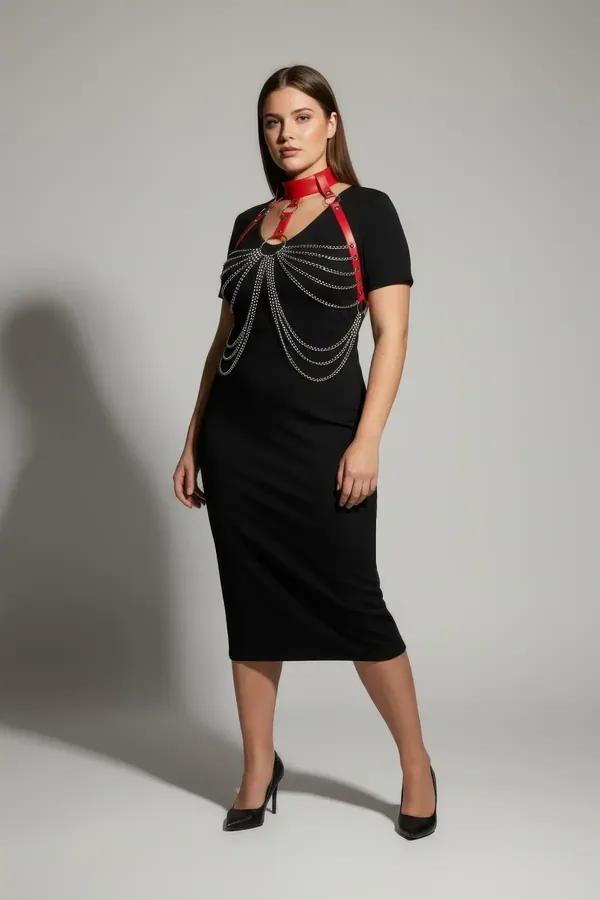 Red faux leather chain body harness with wide choker collar and cascading silver chain drape over chest