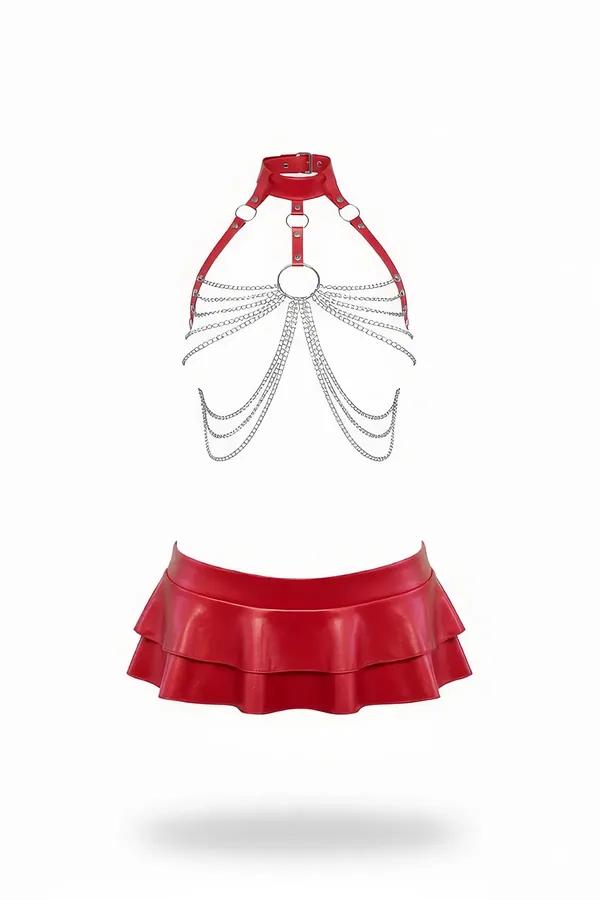Red Faux Leather Harness & Ruffled Mini Skirt Set
