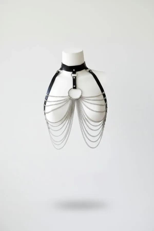 Chain Draped Faux Leather Chest Harness with O-Ring