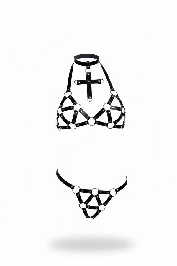 Black faux leather caged harness bra and thong set with riveted cross chest detail and silver O-rings