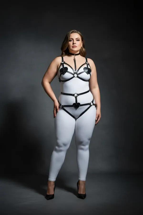 black faux leather harness bra and garter set with heart cut-out panels and silver O-rings on plus-size model