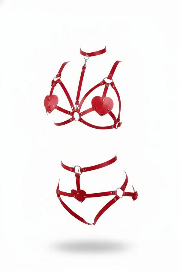red vegan leather heart detail harness bra and garter set with silver O-rings and choker collar on white background
