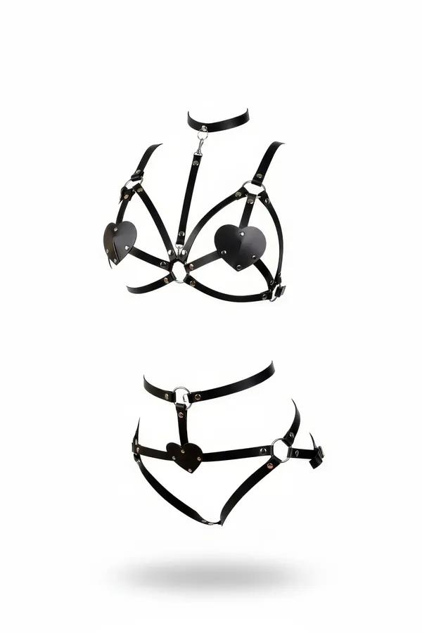 black faux leather harness bra and panty set with heart appliques silver O-rings and choker neck strap